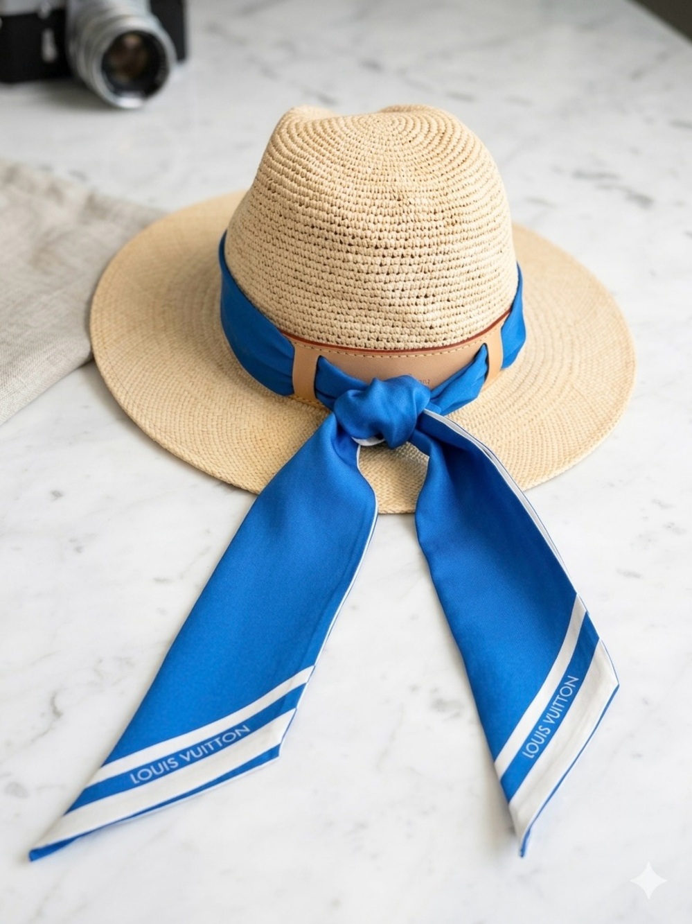 Authentic Louis Vuitton Summer Wave Sun Hat with Blue Louis Vuitton Bandeau